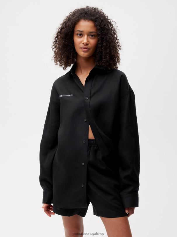 camisa de manga comprida com gola de linho aloe mulheres Pangaia JJJ8D398 preto roupas