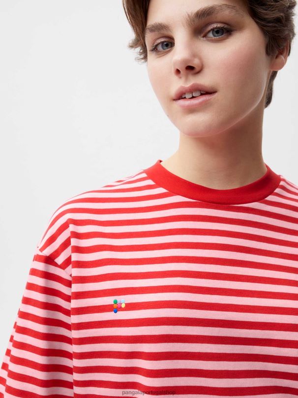 camiseta boxy com listras de algodão reciclado mulheres Pangaia JJJ8D207 jaspe vermelho roupas