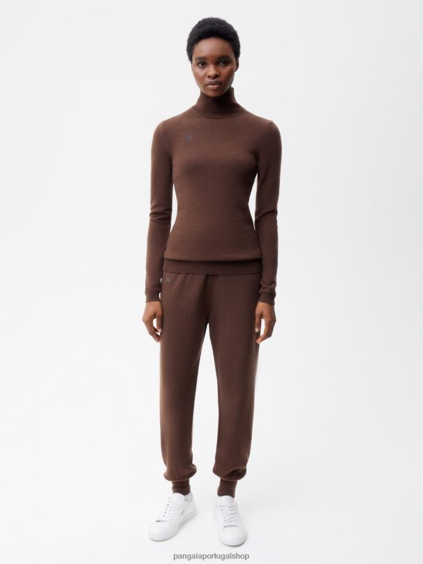 blusa de gola alta justa de caxemira reciclada mulheres Pangaia JJJ8D121 marrom castanho roupas